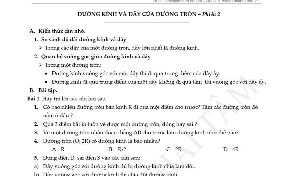 Toán 9: Tài liệu trọng tâm Hình học Chương 2 Phiếu số 2  - Đường kính và dây cung của đường tròn